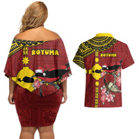 Rotuma Christmas Couples Matching Off Shoulder Short Dress and Hawaiian Shirt Rotuma Myzomela Birds With Hibiscus Flowers - Polynesian Pride