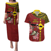 Rotuma Christmas Couples Matching Puletasi and Hawaiian Shirt Rotuma Myzomela Birds With Hibiscus Flowers DT05 Red - Polynesian Pride