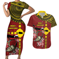 Rotuma Christmas Couples Matching Short Sleeve Bodycon Dress and Hawaiian Shirt Rotuma Myzomela Birds With Hibiscus Flowers - Polynesian Pride