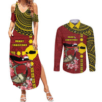 Rotuma Christmas Couples Matching Summer Maxi Dress and Long Sleeve Button Shirt Rotuma Myzomela Birds With Hibiscus Flowers - Polynesian Pride