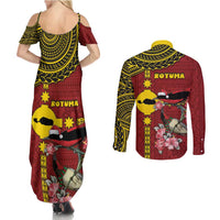 Rotuma Christmas Couples Matching Summer Maxi Dress and Long Sleeve Button Shirt Rotuma Myzomela Birds With Hibiscus Flowers DT05 - Polynesian Pride
