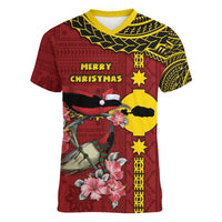 Rotuma Christmas Women V-Neck T-Shirt Rotuma Myzomela Birds With Hibiscus Flowers - Polynesian Pride