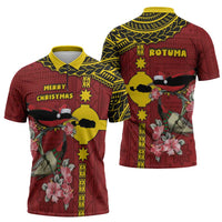 Rotuma Christmas Zipper Polo Shirt Rotuma Myzomela Birds With Hibiscus Flowers - Polynesian Pride