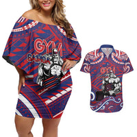 Personalised Samoa Gym Couples Matching Off Shoulder Short Dress and Hawaiian Shirt Muscle Samoan Tribal Waves - Polynesian Pride