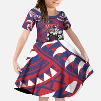 Personalised Samoa Gym Family Matching Off The Shoulder Long Sleeve Dress and Hawaiian Shirt Muscle Samoan Tribal Waves DT05 Daughter's Dress Navy - Polynesian Pride