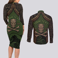 Personalised Hawaii Tiki Pirates Couples Matching Long Sleeve Bodycon Dress and Long Sleeve Button Shirt Kakau Pattern Polynesian Style