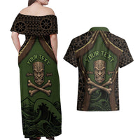 Personalised Hawaii Tiki Pirates Couples Matching Off Shoulder Maxi Dress and Hawaiian Shirt Kakau Pattern Polynesian Style
