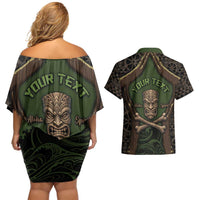 Personalised Hawaii Tiki Pirates Couples Matching Off Shoulder Short Dress and Hawaiian Shirt Kakau Pattern Polynesian Style