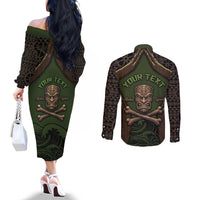 Personalised Hawaii Tiki Pirates Couples Matching Off The Shoulder Long Sleeve Dress and Long Sleeve Button Shirt Kakau Pattern Polynesian Style