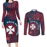 Personalised Wallis And Futuna Couples Matching Long Sleeve Bodycon Dress and Long Sleeve Button Shirt Hibiscus Polynesian Tribal Pattern
