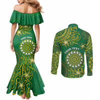 Personalised Cook Islands Couples Matching Mermaid Dress and Long Sleeve Button Shirt Hibiscus Polynesian Tribal Pattern