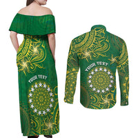 Personalised Cook Islands Couples Matching Off Shoulder Maxi Dress and Long Sleeve Button Shirt Hibiscus Polynesian Tribal Pattern