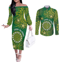 Personalised Cook Islands Couples Matching Off The Shoulder Long Sleeve Dress and Long Sleeve Button Shirt Hibiscus Polynesian Tribal Pattern