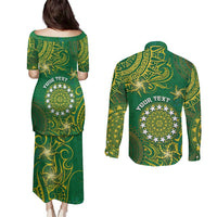 Personalised Cook Islands Couples Matching Puletasi and Long Sleeve Button Shirt Hibiscus Polynesian Tribal Pattern