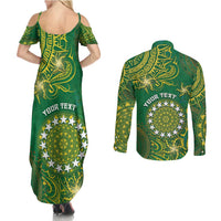 Personalised Cook Islands Couples Matching Summer Maxi Dress and Long Sleeve Button Shirt Hibiscus Polynesian Tribal Pattern