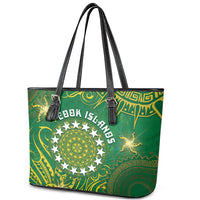 Cook Islands Leather Tote Bag Hibiscus Polynesian Tribal Pattern