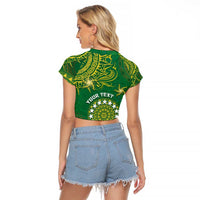 Personalised Cook Islands Raglan Cropped T Shirt Hibiscus Polynesian Tribal Pattern