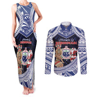 Samoa Christmas Couples Matching Tank Maxi Dress and Long Sleeve Button Shirt Samoan Siva Dance With Santa DT05 Navy - Polynesian Pride