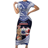 Samoa Christmas Family Matching Short Sleeve Bodycon Dress and Hawaiian Shirt Samoan Siva Dance With Santa DT05 Mom's Dress Navy - Polynesian Pride