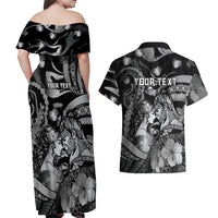 Personalised Maori Romantic Valentine Couples Matching Off Shoulder Maxi Dress and Hawaiian Shirt The Hongi Kiss Black Galaxy DT05 - Polynesian Pride