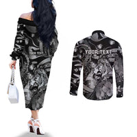 Personalised Maori Romantic Valentine Couples Matching Off The Shoulder Long Sleeve Dress and Long Sleeve Button Shirt The Hongi Kiss Black Galaxy DT05 - Polynesian Pride