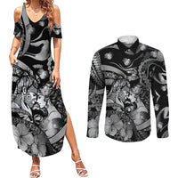 Personalised Maori Romantic Valentine Couples Matching Summer Maxi Dress and Long Sleeve Button Shirt The Hongi Kiss Black Galaxy