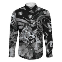 Personalised Maori Romantic Valentine Family Matching Off The Shoulder Long Sleeve Dress and Hawaiian Shirt The Hongi Kiss Black Galaxy DT05 Dad's Shirt - Long Sleeve Black - Polynesian Pride