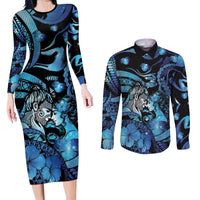 Personalised Maori Romantic Valentine Couples Matching Long Sleeve Bodycon Dress and Long Sleeve Button Shirt The Hongi Kiss Blue Galaxy DT05 Blue - Polynesian Pride
