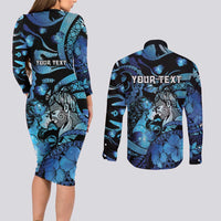 Personalised Maori Romantic Valentine Couples Matching Long Sleeve Bodycon Dress and Long Sleeve Button Shirt The Hongi Kiss Blue Galaxy DT05 - Polynesian Pride