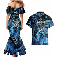 Personalised Maori Romantic Valentine Couples Matching Mermaid Dress and Hawaiian Shirt The Hongi Kiss Blue Galaxy DT05 - Polynesian Pride