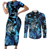 Personalised Maori Romantic Valentine Couples Matching Short Sleeve Bodycon Dress and Long Sleeve Button Shirt The Hongi Kiss Blue Galaxy DT05 Blue - Polynesian Pride