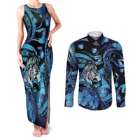 Personalised Maori Romantic Valentine Couples Matching Tank Maxi Dress and Long Sleeve Button Shirt The Hongi Kiss Blue Galaxy DT05 Blue - Polynesian Pride