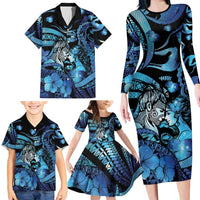 Personalised Maori Romantic Valentine Family Matching Long Sleeve Bodycon Dress and Hawaiian Shirt The Hongi Kiss Blue Galaxy DT05 - Polynesian Pride