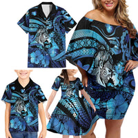Personalised Maori Romantic Valentine Family Matching Off Shoulder Short Dress and Hawaiian Shirt The Hongi Kiss Blue Galaxy DT05 - Polynesian Pride