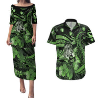 Personalised Maori Romantic Valentine Couples Matching Puletasi and Hawaiian Shirt The Hongi Kiss Green Galaxy DT05 Green - Polynesian Pride