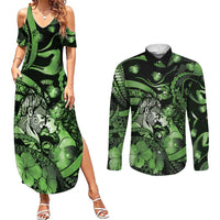 Personalised Maori Romantic Valentine Couples Matching Summer Maxi Dress and Long Sleeve Button Shirt The Hongi Kiss Green Galaxy DT05 Green - Polynesian Pride