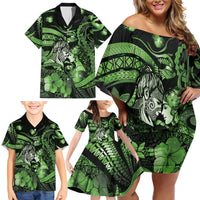 Personalised Maori Romantic Valentine Family Matching Off Shoulder Short Dress and Hawaiian Shirt The Hongi Kiss Green Galaxy DT05 - Polynesian Pride