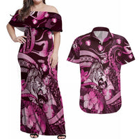 Personalised Maori Romantic Valentine Couples Matching Off Shoulder Maxi Dress and Hawaiian Shirt The Hongi Kiss Pink Galaxy DT05 Pink - Polynesian Pride