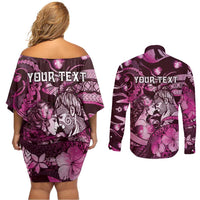 Personalised Maori Romantic Valentine Couples Matching Off Shoulder Short Dress and Long Sleeve Button Shirt The Hongi Kiss Pink Galaxy DT05 - Polynesian Pride