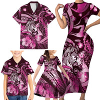 Personalised Maori Romantic Valentine Family Matching Short Sleeve Bodycon Dress and Hawaiian Shirt The Hongi Kiss Pink Galaxy DT05 - Polynesian Pride