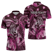 Personalised Maori Romantic Valentine Zipper Polo Shirt The Hongi Kiss Pink Galaxy