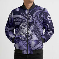 Personalised Maori Romantic Valentine Bomber Puffer Jacket The Hongi Kiss Purple Galaxy