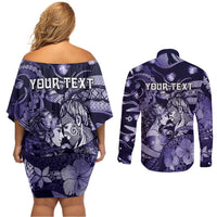 Personalised Maori Romantic Valentine Couples Matching Off Shoulder Short Dress and Long Sleeve Button Shirt The Hongi Kiss Purple Galaxy DT05 - Polynesian Pride