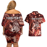 Personalised Maori Romantic Valentine Couples Matching Off Shoulder Short Dress and Hawaiian Shirt The Hongi Kiss Red Galaxy DT05 - Polynesian Pride