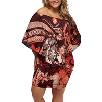 Personalised Maori Romantic Valentine Family Matching Off Shoulder Short Dress and Hawaiian Shirt The Hongi Kiss Red Galaxy DT05 Mom's Dress Red - Polynesian Pride