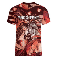 Personalised Maori Romantic Valentine Women V-Neck T-Shirt The Hongi Kiss Red Galaxy DT05 - Polynesian Pride