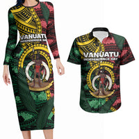 Personalised Vanuatu Independence Day Couples Matching Long Sleeve Bodycon Dress and Hawaiian Shirt Boar Tusk Warrior Tribal Floral Patterns DT05 Multicolor - Polynesian Pride