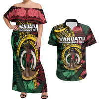 Personalised Vanuatu Independence Day Couples Matching Off Shoulder Maxi Dress and Hawaiian Shirt Boar Tusk Warrior Tribal Floral Patterns DT05 Multicolor - Polynesian Pride