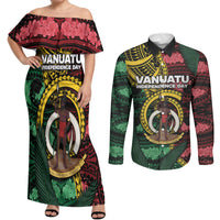 Personalised Vanuatu Independence Day Couples Matching Off Shoulder Maxi Dress and Long Sleeve Button Shirt Boar Tusk Warrior Tribal Floral Patterns DT05 Multicolor - Polynesian Pride