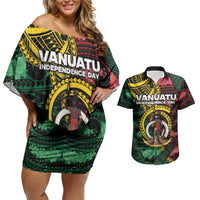 Personalised Vanuatu Independence Day Couples Matching Off Shoulder Short Dress and Hawaiian Shirt Boar Tusk Warrior Tribal Floral Patterns DT05 Multicolor - Polynesian Pride